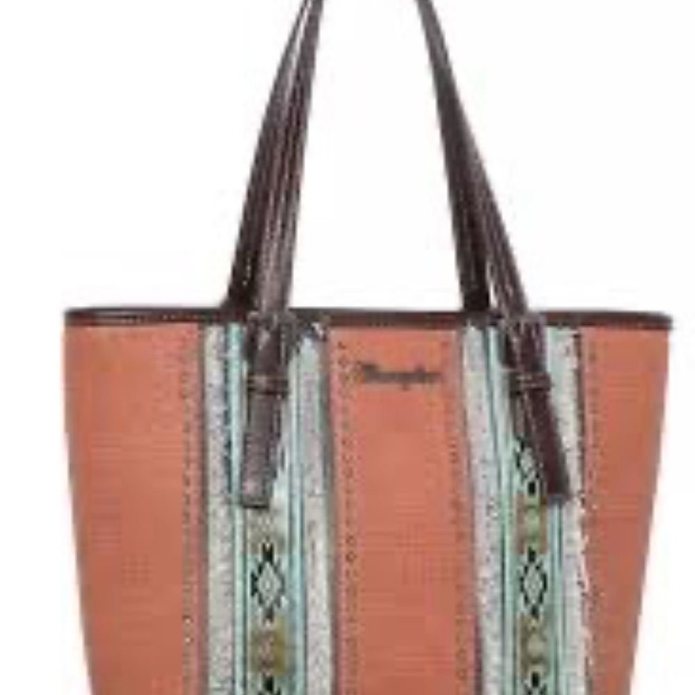 WRANGLER AZTEC EMBOSSED FRAY DENIM CONCEALED CARRY TOTE BAG - Picture 2 of 5
